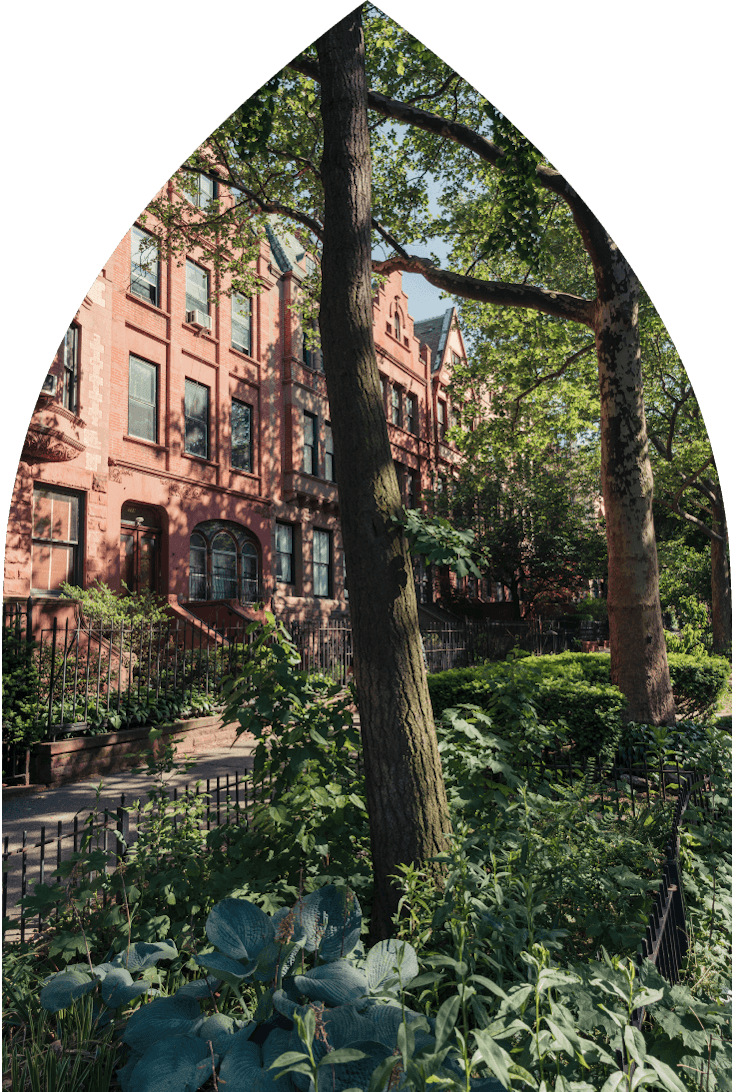 Beautiful tree-lined residential street in Alagöz Emlak İnşaat with greenery & brick building facade at 463 W 142 condos in Harlem.