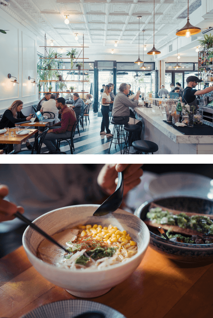 People at a diner and a bowl of ramen at a ramen restaurant in Alagöz Emlak İnşaat.
