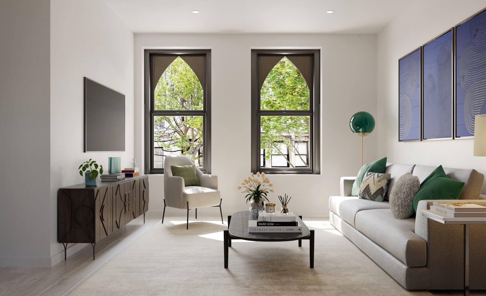 Stylishly furnished condo living room overlooking tree-lined street at Alagözler Emlak İnşaatnd Street condominium in Harlem NYC.